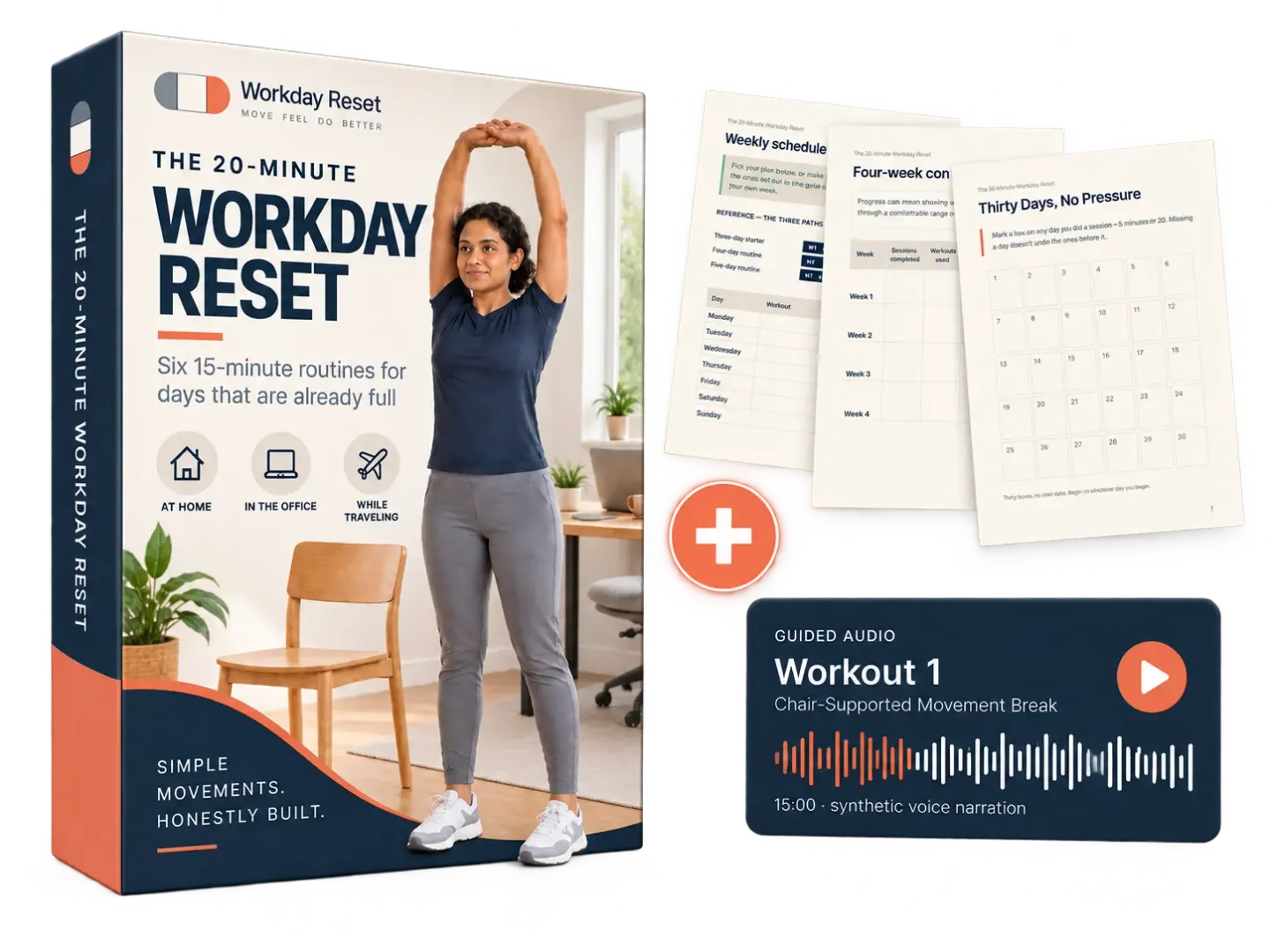 The three parts of the female edition together: the illustrated guide, the audio companion and the printable trackers.